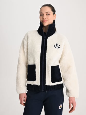 Fenerbahçe Ekru Trend Kadife Detaylı Peluş Kadın Oversize Sweatshirt