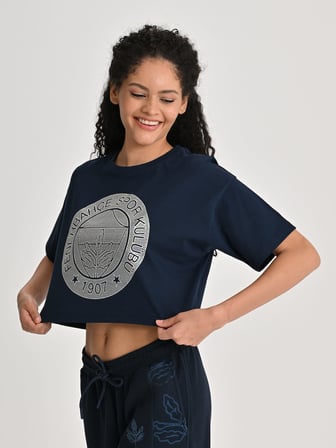 Fenerbahçe Lacivert Tribün Hologram Logolu Kadın Crop Oversize Tshirt