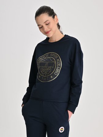 Fenerbahçe Lacivert Tribün Altın Logolu Kadın Crop Oversize Sweatshirt