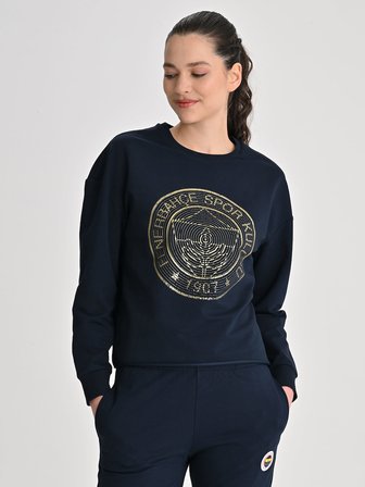 Fenerbahçe Lacivert Tribün Altın Logolu Kadın Crop Oversize Sweatshirt