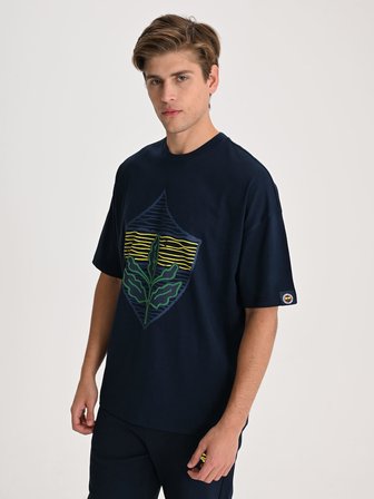 Fenerbahçe Lacivert Tribün Çizgili Arma Erkek Oversize Tshirt