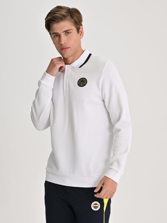 Fenerbahçe Beyaz Tribün Tek Renk Logolu Uzun Kollu Erkek Polo Tshirt