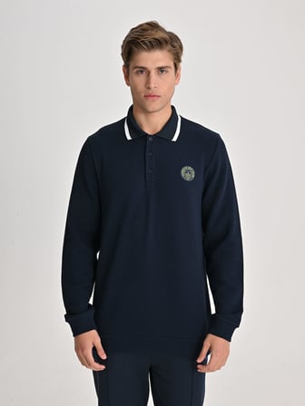 Fenerbahçe Lacivert Tribün Tek Renk Logolu Uzun Kollu Erkek Polo Tshirt