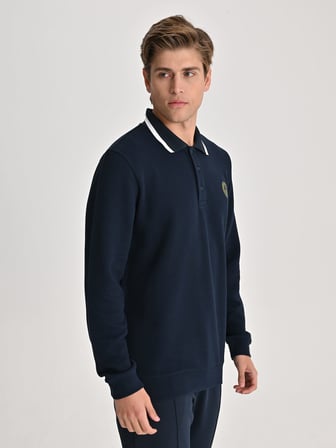 Fenerbahçe Lacivert Tribün Tek Renk Logolu Uzun Kollu Erkek Polo Tshirt