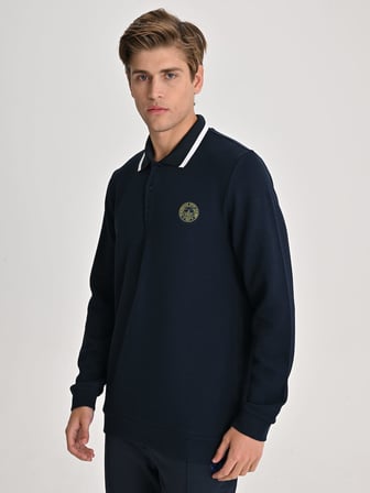 Fenerbahçe Lacivert Tribün Tek Renk Logolu Uzun Kollu Erkek Polo Tshirt