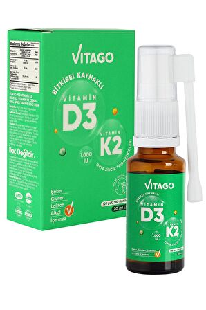 D3 Vitamini (1000 IU) + K2 Vitamini İçeren 20 ml Bitkisel Bazlı Sprey