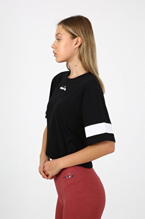 Diadora W Crop - Kadın Pamuklu Siyah Crop T-shirt - 175694-80013