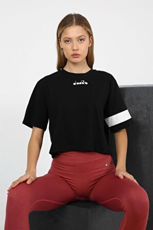 Diadora W Crop - Kadın Pamuklu Siyah Crop T-shirt - 175694-80013