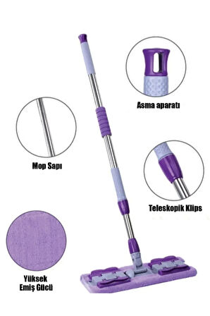 Panayır Home Mop Fayans Cam Duvar Yüzey Temizlik Mikrofiber Mandallı Mop 130cm