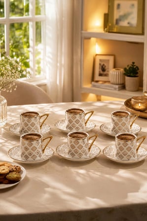 Porsima Sd01-D 12 Parça Altın Yaldızlı Porselen Türk Kahve Fincan Takımı - 90ml Kahve Fincan Seti