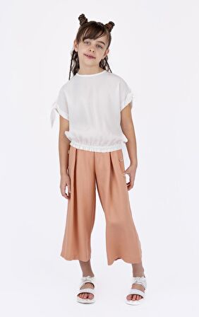 KIZ ÇOCUK BELİ LASTİKLİ KOL BAĞLAMA DETAYLI BLUZ