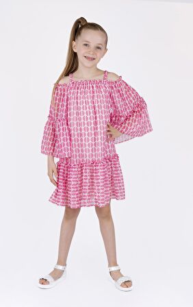 KIZ ÇOCUK DESENLİ KAYIK YAKA ELBİSE