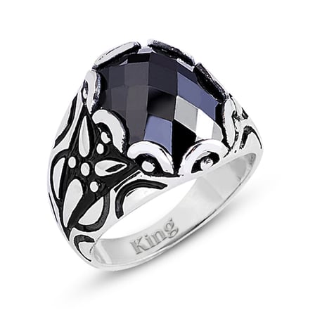 Kuyumcudukkani Fasetli Oval Kubbe Kesim Taşlı Gümüş Erkek Yüzük-60002-W-FBLK
