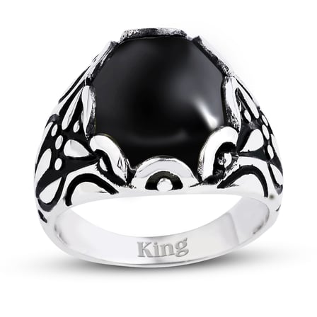 Kuyumcudukkani Düz Oval Kubbe Kesim Taşlı Gümüş Erkek Yüzük-60002-W-BLK
