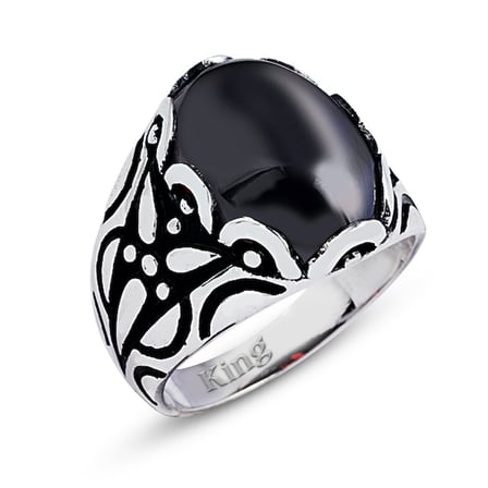 Kuyumcudukkani Düz Oval Kubbe Kesim Taşlı Gümüş Erkek Yüzük-60002-W-BLK