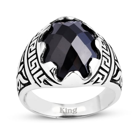 Kuyumcudukkani Fasetli Oval Kubbe Kesim Taşlı Gümüş Erkek Yüzük-60003-W-FBLK