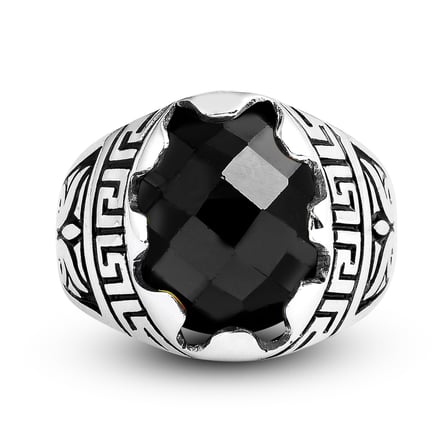 Kuyumcudukkani Fasetli Oval Kubbe Kesim Taşlı Gümüş Erkek Yüzük-60003-W-FBLK