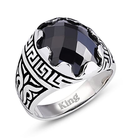 Kuyumcudukkani Fasetli Oval Kubbe Kesim Taşlı Gümüş Erkek Yüzük-60003-W-FBLK
