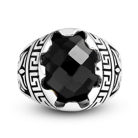 Kuyumcudukkani Fasetli Oval Kubbe Kesim Taşlı Gümüş Erkek Yüzük-60003-W-FBLK