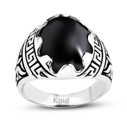 Kuyumcudukkani Düz Oval Kubbe Kesim Taşlı Gümüş Erkek Yüzük-60003-W-BLK