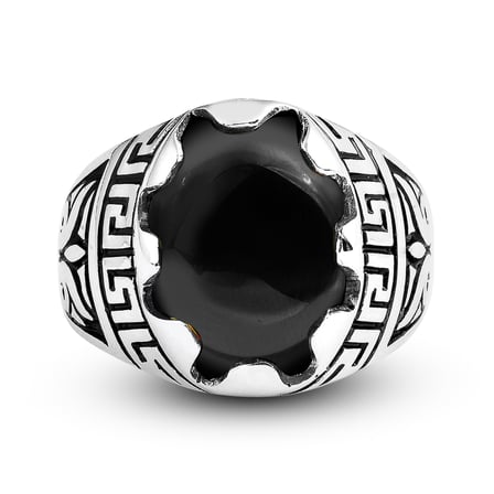 Kuyumcudukkani Düz Oval Kubbe Kesim Taşlı Gümüş Erkek Yüzük-60003-W-BLK