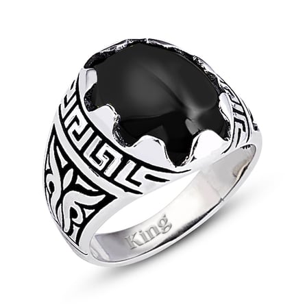 Kuyumcudukkani Düz Oval Kubbe Kesim Taşlı Gümüş Erkek Yüzük-60003-W-BLK