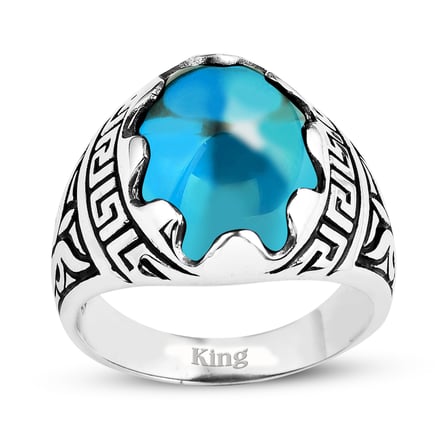 Kuyumcudukkani Düz Oval Kubbe Kesim Taşlı Gümüş Erkek Yüzük-60003-W-BLU