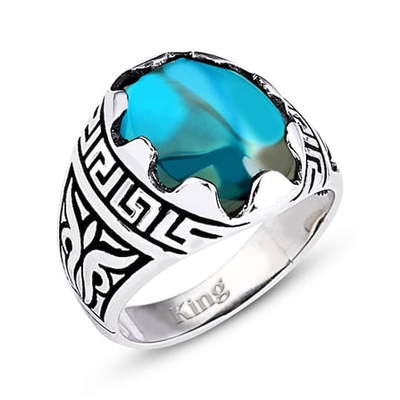 Kuyumcudukkani Düz Oval Kubbe Kesim Taşlı Gümüş Erkek Yüzük-60003-W-BLU