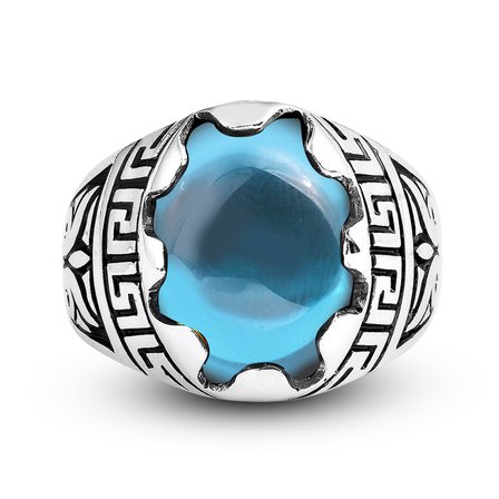 Kuyumcudukkani Düz Oval Kubbe Kesim Taşlı Gümüş Erkek Yüzük-60003-W-BLU