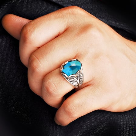Kuyumcudukkanı Düz Oval Kubbe Kesim Taşlı Gümüş Erkek Yüzük-60007-W-BLU