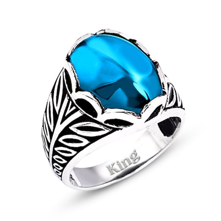 Kuyumcudukkanı Düz Oval Kubbe Kesim Taşlı Gümüş Erkek Yüzük-60007-W-BLU