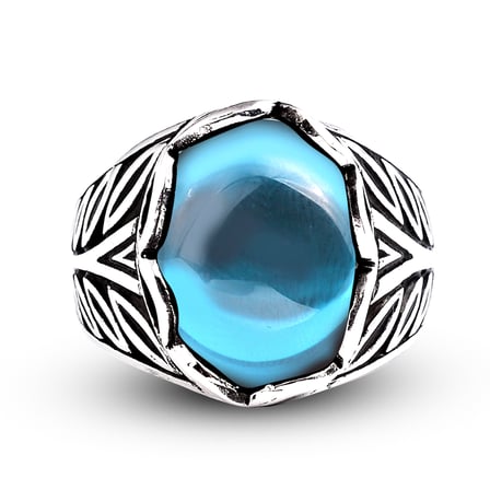 Kuyumcudukkanı Düz Oval Kubbe Kesim Taşlı Gümüş Erkek Yüzük-60007-W-BLU