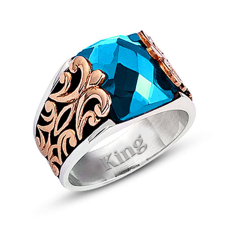 Kuyumcudukkanı Baget Taşlı Yanı Bronz Parçalı Elyapımı Gümüş Erkek Yüzük-60009-W-BLU