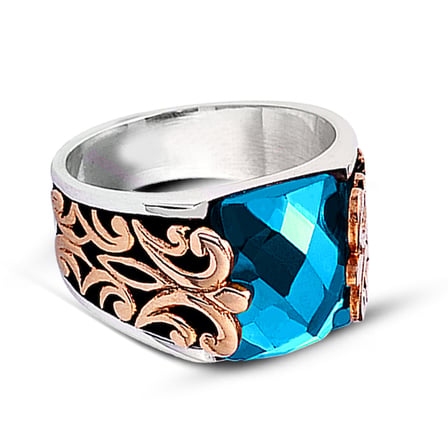 Kuyumcudukkanı Baget Taşlı Yanı Bronz Parçalı Elyapımı Gümüş Erkek Yüzük-60009-W-BLU