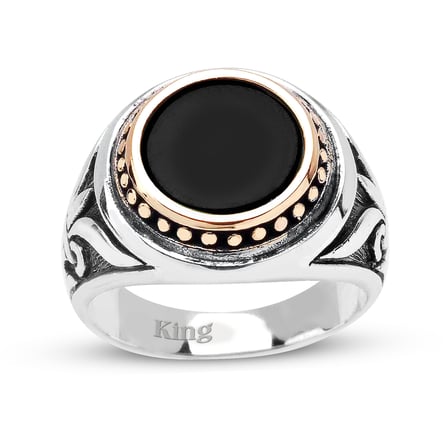 Kuyumcudukkanı Akik Renk Taşlı Üstü Bronz Parçalı Elyapımı Gümüş Erkek Yüzük-60013-W-BLK