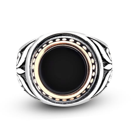 Kuyumcudukkanı Akik Renk Taşlı Üstü Bronz Parçalı Elyapımı Gümüş Erkek Yüzük-60013-W-BLK