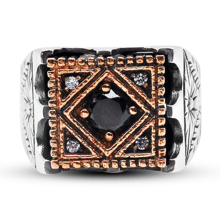 Kuyumcudukkanı Siyah Renk Taşlı Bronz Parçalı Elyapımı Gümüş Erkek Yüzük-60012-W-BLK