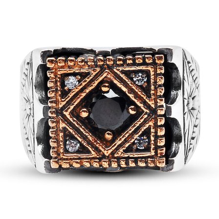 Kuyumcudukkanı Siyah Renk Taşlı Bronz Parçalı Elyapımı Gümüş Erkek Yüzük-60012-W-BLK