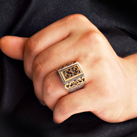Kuyumcudukkanı Siyah Oksitli Motifli Bronz Parçalı Elyapımı Gümüş Erkek Yüzük-60015-W-BLK