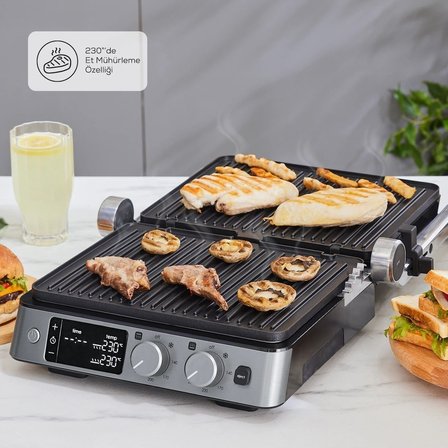 2000 Watt Güç Çıkarılabilir Döküm Plakalı 180 Derece Açılır, Zamanlayıcılı Izgara ve Tost Makinesi