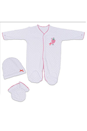 Kız Bebek Çilekli Berry 3'lü Tulumlu Takım Beyaz
