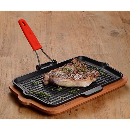 Lava Döküm Izgara Tava, Tel ve Silikon Saplı. Ölçü 21x36cm.  - Yeşil