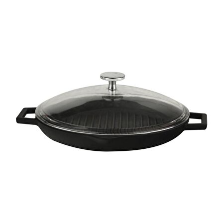 Lava Döküm Yuvarlak Izgara Tava, Metal Kulplu, Cam kapaklı. Çap(Ø)26cm.