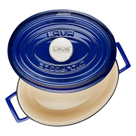 Lava Döküm Oval Tencere 21x27 cm, İç Krem, Mavi