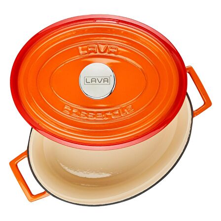 Lava Döküm Oval Tencere 21x27 cm, İç Krem, Turuncu