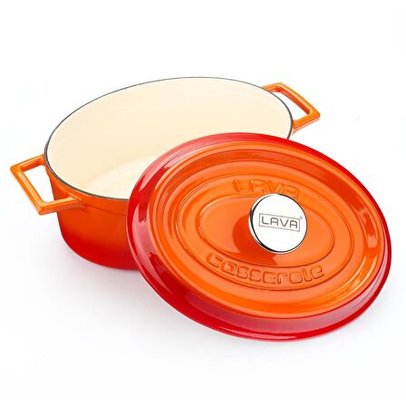 Lava Döküm Oval Tencere 21x27 cm, İç Krem, Turuncu