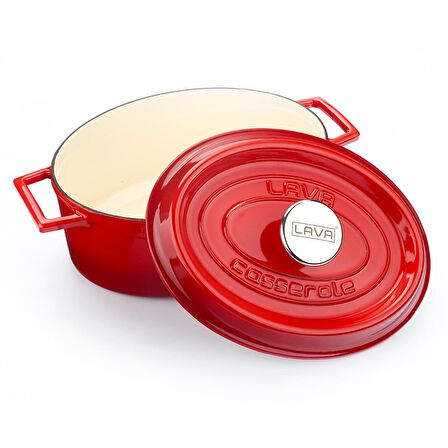 Lava Döküm Oval Tencere 21x27 cm, İç Krem, Kırmızı