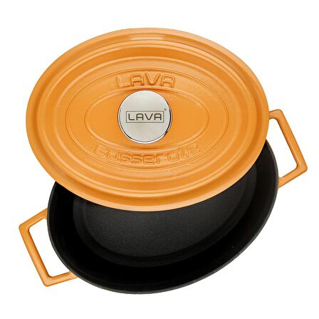 Lava Döküm Oval Tencere 21x27 cm. Parlak Siyah Taban, Mat Turuncu