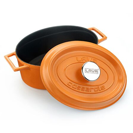 Lava Döküm Oval Tencere 21x27 cm. Parlak Siyah Taban, Mat Turuncu
