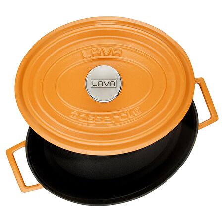 Lava Döküm Oval Tencere 23x29 cm. Parlak Siyah Taban, Mat Turuncu